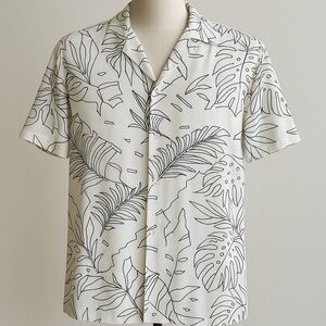 Porter & Ash Kinetic Stretch Tropical Leaf Button-Down Shirt White Black